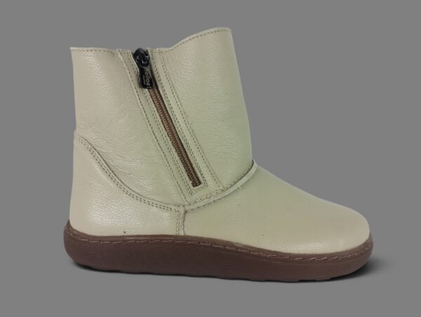 Botek damski barefoot Helios Komfort 5006 ecru ze skóry naturalnej, dwa zamki i brązowa podeszwa.